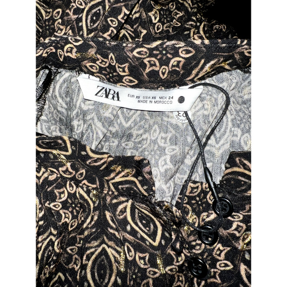 ZARA Size XS Black Brown Gold Metallic Balloon Sleeve Button Front Shirt Dress - Picture 10 of 10